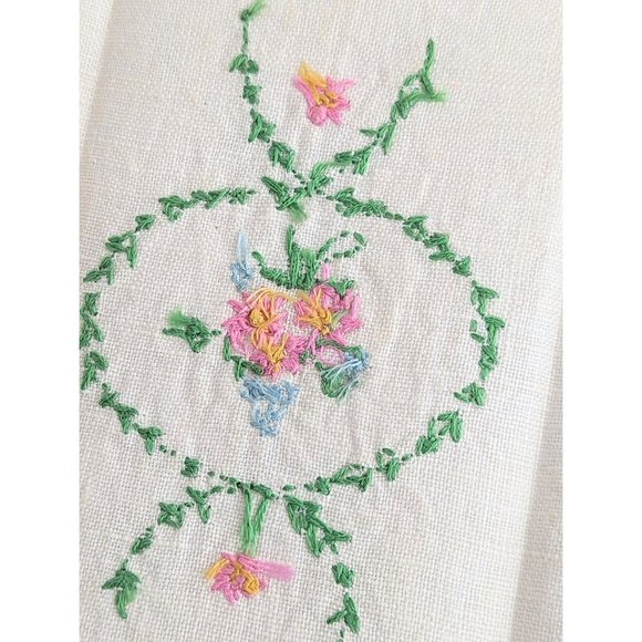 Pair of Embroidered Linen Tea Towels Vintage Cream Linen Hand Towels Pink Floral - Picture 3 of 10